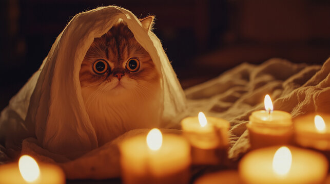 A fluffy Persian cat dressed as a ghost, with a white sheet draped over it, peeking out with big, scared eyes while sitting next to a pile of glowing candles in a shadowy room.