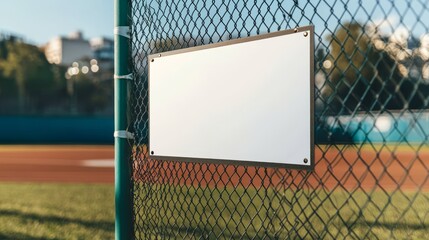 Blank white sign on chain link fence at baseball field.