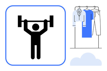 Stick figure lifting barbell with clothing rack displaying outfits in blue and white. Ideal for fitness, fashion, healthy lifestyle, workout attire, gym promotions, personal training, clothing