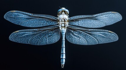 Detailed close-up of blue dragonfly with intricate wing patterns on black background