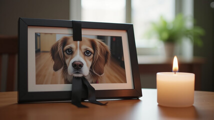 Pet Loss Memorial With Framed Beagle Portrait and Burning Candle, Remembrance Tribute
