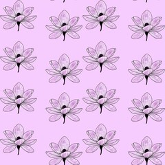 Seamless pattern of delicate purple flowers on a light background. Ideal for textiles, wallpapers, and digital designs with a floral theme. Pink magnolia. 