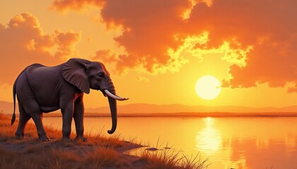 Elephant by the river at sunset