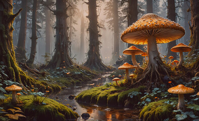 A serene forest scene with a large mushroom and several smaller mushrooms scattered throughout the area. The forest is filled with trees and the ground is covered in moss, creating a peaceful