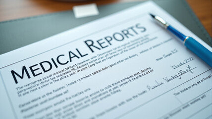 Medical Report Form With Blue Pen on Grey Surface, Healthcare Documentation