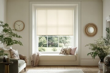 Cream roller blind in a bright living room with window seat.