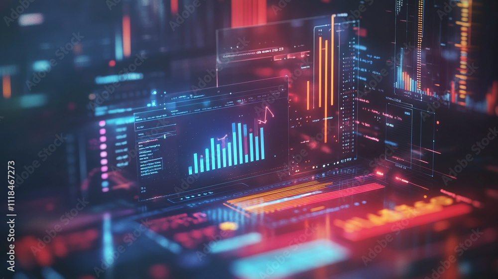 Poster abstract futuristic 3d interface showing a digital projection of a stock market analysis, vibrant wo