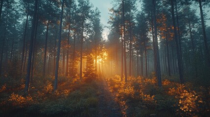 Obraz premium Sunrise illuminating a misty pine forest path.