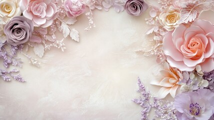 Elegant floral arrangement with various pastel-colored flowers and leaves on textured background