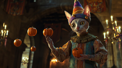 A playful Devon Rex cat dressed as a court jester, with a colorful, bell-tipped hat and an extravagant collar, juggling tiny pumpkins in a medieval castle's grand hall, dimly lit w