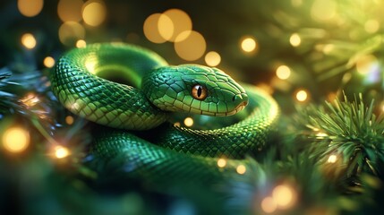 Fototapeta premium Cute Green Snake Resting on Pine Needles With Golden Glowing Lights in the Background Representing Nature and Symbolism