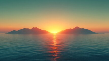 Fototapeta premium Vibrant sunset over calm ocean and silhouetted islands.