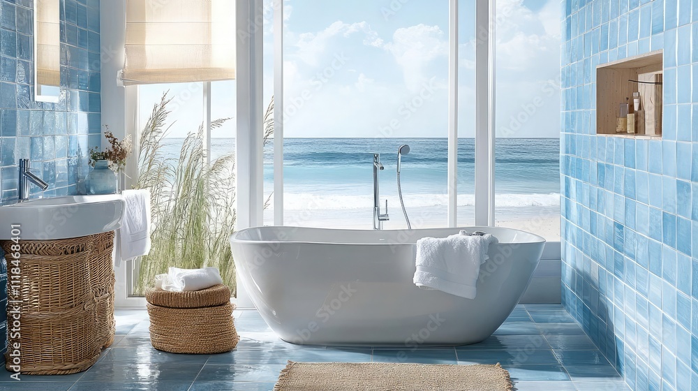 Wall mural Coastal bathroom with soft blue tiles and natural decor