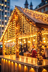 Obraz premium Wooden Christmas market stall with twinkling holiday lights