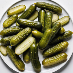Pickled cucumbers on a plate. Exquisite snack. Homemade preparations for the winter. Illustration on a white background