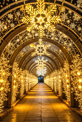 Golden archway with snowflake lights in festive holiday street
