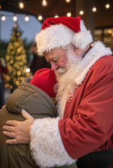 Santa hugging a child outdoors during festive event