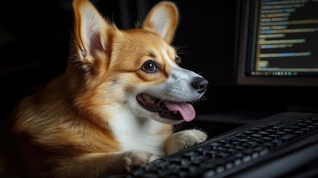 Adorable Corgi Typing on a Keyboard with Coding Screen Background