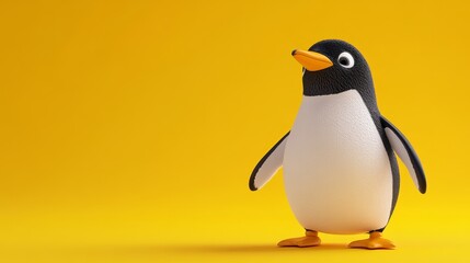 Fototapeta premium Playful Cartoon Penguin Standing on Bright Yellow Background for Fun and Whimsical Design Concept