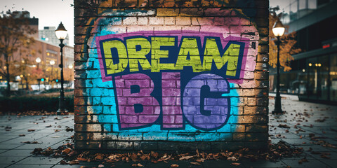 "Dream Big" graffiti in green, purple, and blue bold letters on a weathered brick wall in a city park, with autumn leaves and urban lighting creating a dramatic atmosphere.

