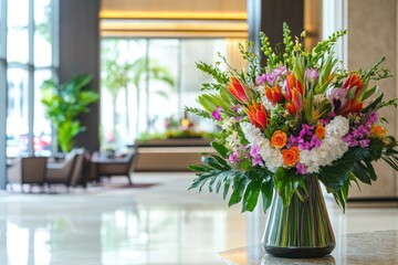 Vibrant floral arrangement in modern lobby with large windows