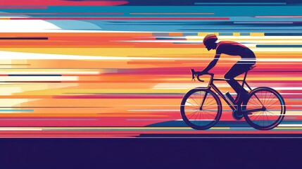 Fototapeta premium Cyclist Racing Through Vibrant Sunset in Dynamic Poster-Style Art
