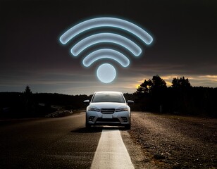 Car is on a road with a wifi symbol above it. The car is white