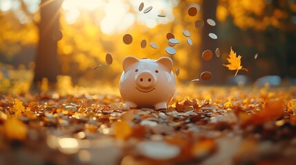 Piggy bank with coins falling into it, autumn leaves background.