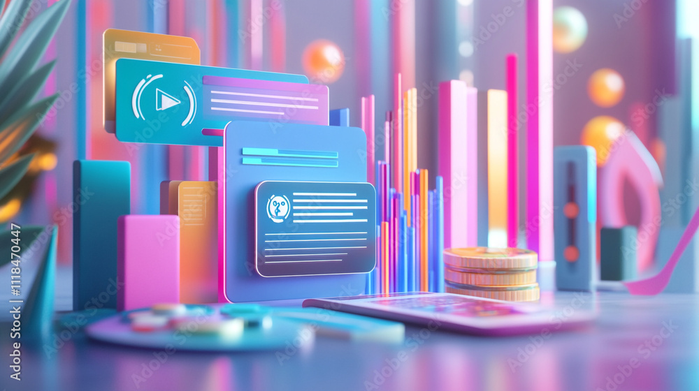 Poster abstract futuristic 3d interface showing a digital projection of a stock market analysis, vibrant wo