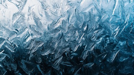 Close-Up Texture of Ice Crystals on Window Creating Abstract and Elegant Winter-Themed Design