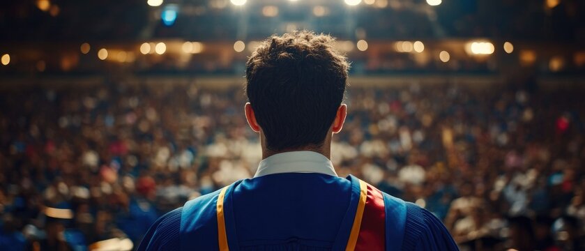 Graduation Ceremony Speaker in Academic Regalia Facing a Large Audience