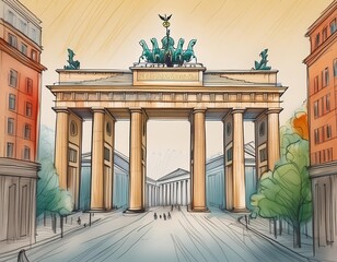 Obraz premium Brandenburger Tor Berlin. Large, ornate bridge with a statue of a woman on top. The bridge is in front of a building