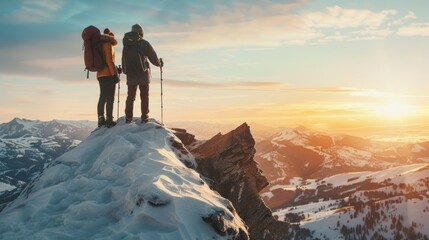 Obraz premium two hikers climbing to the top of a mountain at dawn. They are bound together by a safety rope, helping each other up the rocky terrain