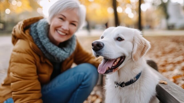 A cheerful woman with a grey scarf and warm jacket shares a happy moment with her golden retriever, surrounded by the golden leaves of a city park during fall.