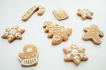 Gingerbread cookies on white. Christmas cookie, winter holidays
