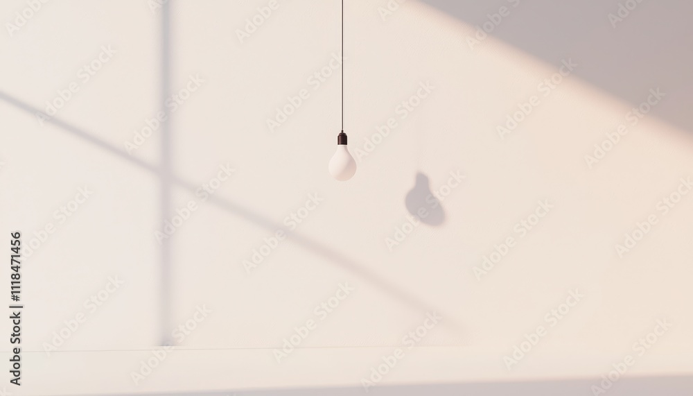 Poster minimalist single hanging light bulb casting soft shadow on simple white background