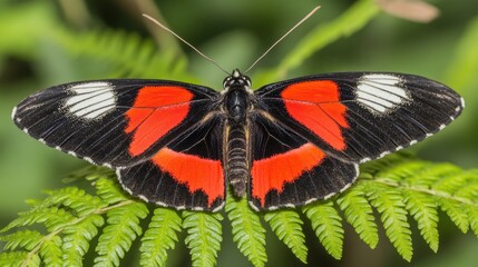 Naklejka premium Vibrant Red and Black Butterfly Resting on Lush Green Fern Leaves in Nature