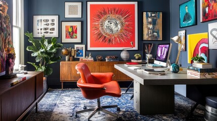Eclectic home office with bold artwork and a mix of vintage and modern pieces