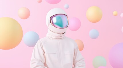 Obraz premium Astronaut's dreamlike journey encountering colorful orbs in surreal space