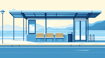 Fototapeta premium Modern Minimalist Bus Stop with Mountain Backdrop in Soft Pastel Tones
