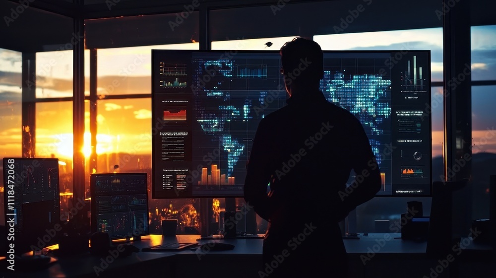 Poster a professional observes digital data on large screens against analyzing interconnected data nodes on