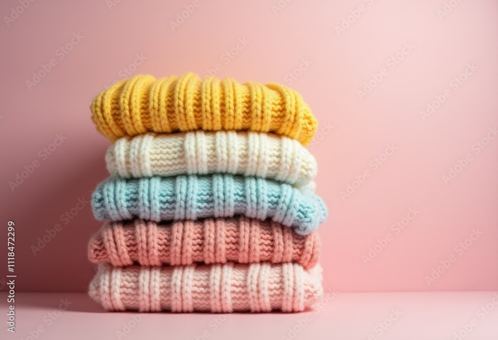 Poster stack of colorful knitted sweaters on pink background