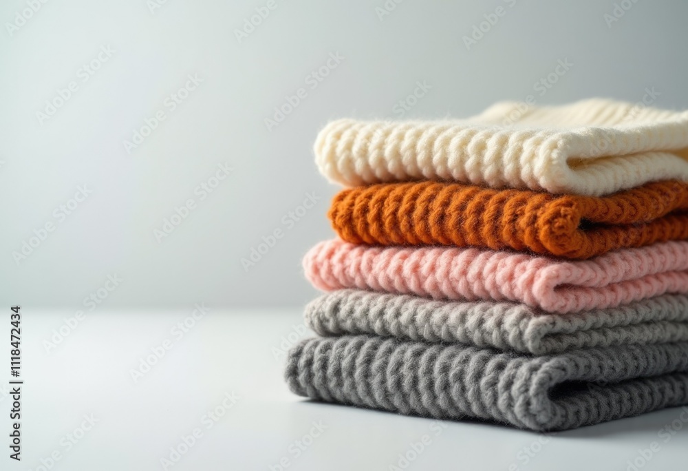 Poster a stack of four knitted blankets in soft colors on a white background.
