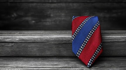 Obraz premium A red, white and blue tie sitting on top of a wooden table