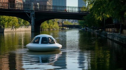 Futuristic Watercraft on Urban Canal