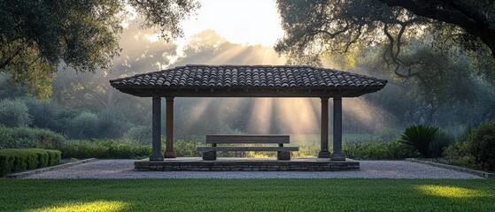 Obraz premium A gazebo sits in the middle of a lush green park