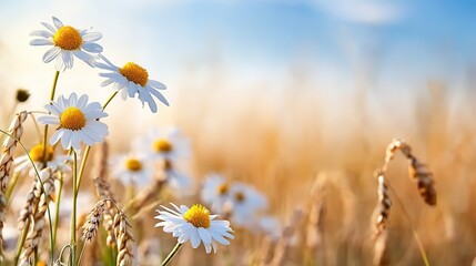 White daisies with yellow centers gracefully sway among mature wheat in a bright sunlit field, embodying the tranquility and beauty of nature in summer.