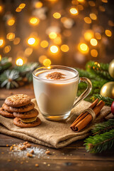Festive hot milk with cookies and cinnamon on a wooden table