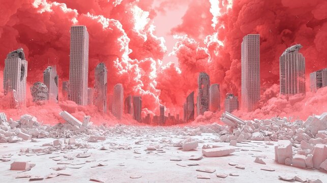 Surreal vision of geopolitical polycrisis red-hued urban ruins digital art dystopian environment