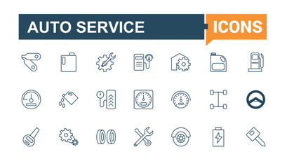 Auto Service line icons set. Includes icons for automotive, mechanic, key, isolated, garage and more. Simple icon designs. Editable stroke. Vector illustration.